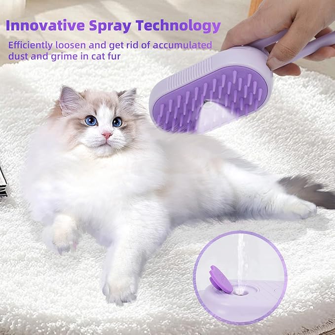 4-in-1 Rechargeable Anti-Dandruff Pet Steam Brush — brush for sheddingCats &amp; Dogs,pet hair removal tool. Integrating functions of massage,clean, hair grooming and anti-static (purple)