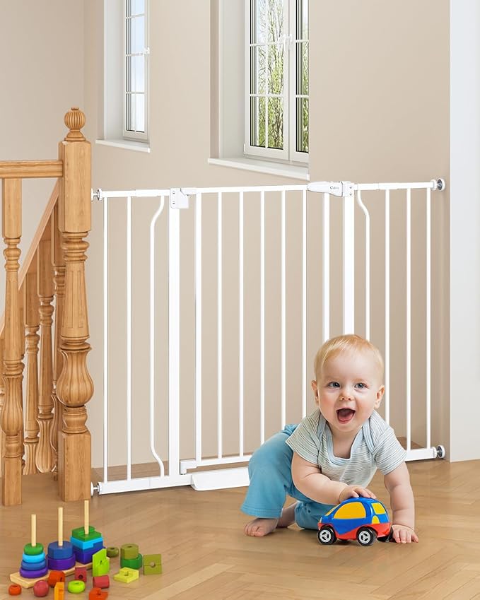 29"-45" Baby Gate for Stairs, Auto Close Stroller Friendly Dog Gate Indoor for Doorways, Pressure Mounted Baby Gate, Easy Walk Through Gate for Children &amp; Pets, White