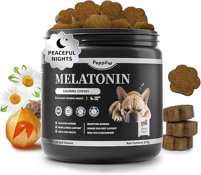 Melatonin for Dogs, Calming Chews with Valerian Root &amp; L-Theanine for Sleep Aid &amp; Emotional Support, Calming Treats for Stress Anxiety Relief - Thunder, Fireworks, Barking, Bacon Flavor, 90Ct