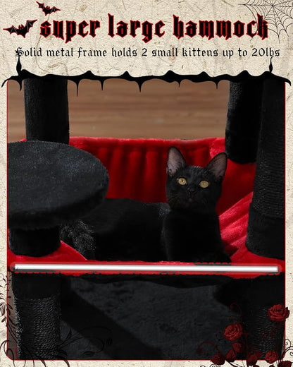 Gothic Cat Tree with Super Large Hammock, 45.7" Black Cat Tower with Coffin Bed, Cat Condo, Sisal Scratching Posts &amp; Top Perch, Multi-Level Goth Cat Tree, Halloween, Black