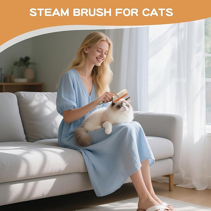 Pet Steam Brush, Rechargeable Cat Steam Brush for Shedding, 2025 New &amp; 4 in 1 Pet Spray Hair Removal Comb with Anti-Static,Massage, Cleaning, Shedding &amp; Combing All In One! (Khaki)