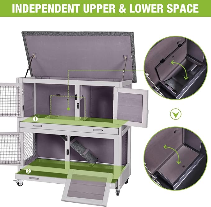 Rabbit Hutch Bunny Cage, Guinea Pig Cage Bunny Hutch Indoor, Wood Pet Cage with 4 Casters -2 Story &amp; 2 Trays