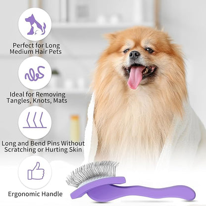 Slicker Brush for Dogs, Long Pin Dog Grooming Brush for Goldendoodles, Poodles, Doodles &amp; More, Includes Bonus Pet Comb, Perfect for De-Shedding, Dematting &amp; Reducing Tangles. Large, Purple