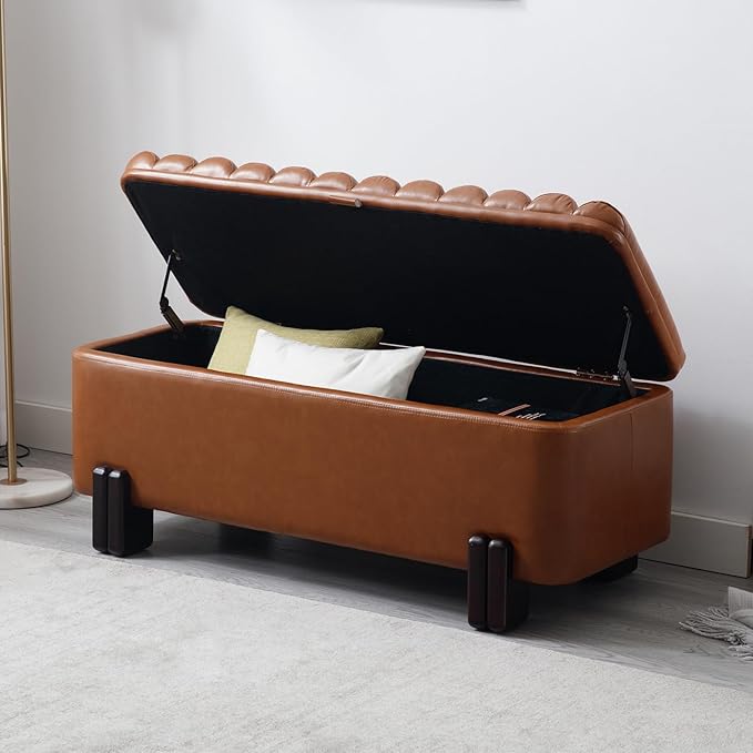 Kmax 45" Storage Bench PU Leather Entryway Bench Upholstered Ottoman Bench with Wavy Top &amp; Safty Hinge for Bedroom Living Room Hallway, Brown