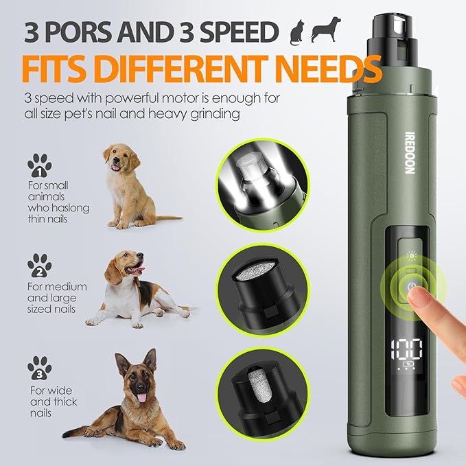 Dog Nail Grinder Upgraded - Professional 3-Speed Super Quiet and Low Vibration Electric Pet Nail Grinder with 4 LED Lights - Painless Paws Grooming &amp; Smoothing for Small to Large Dogs (Green)