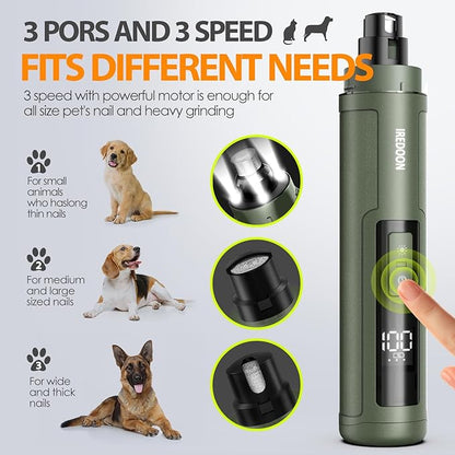 Dog Nail Grinder Upgraded - Professional 3-Speed Super Quiet and Low Vibration Electric Pet Nail Grinder with 4 LED Lights - Painless Paws Grooming &amp; Smoothing for Small to Large Dogs (Green)
