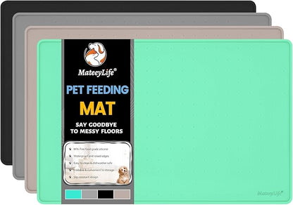 MateeyLife Dog &amp; Cat Food Mat - Waterproof, Nonslip, Raised Edges, Silicone Tray for Messy Drinkers, 24"x16", Mint Green