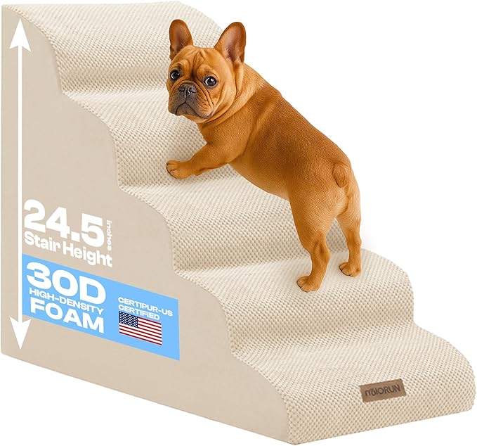 Dog Stairs for High Beds, Extra Tall 24.5" 5-Step Pet Steps for Medium &amp; Small Dogs, Foam Ramp for Tall Couch &amp; Bed, Washable Cover - Dog Steps for Bed