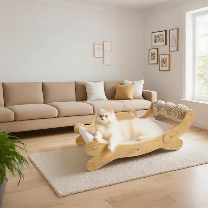 Cat Scratcher Bed for Indoor Cats | 3-in-1 Scratching Post &amp; Hammock Lounge with Wooden Perch, No-Tip Stable Base for Small/Medium/Large Cats ，Durable Scratch Pad &amp; Cat Furniture (Easy Assembly)