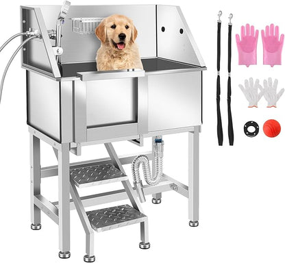 Professional Stainless Steel Dog Bathing Station, Dog Grooming Tub, with Stairs, Floor Grate &amp; Faucet for Dog Bathtub for Large, Medium &amp; Small Pets,34" L-RAMP