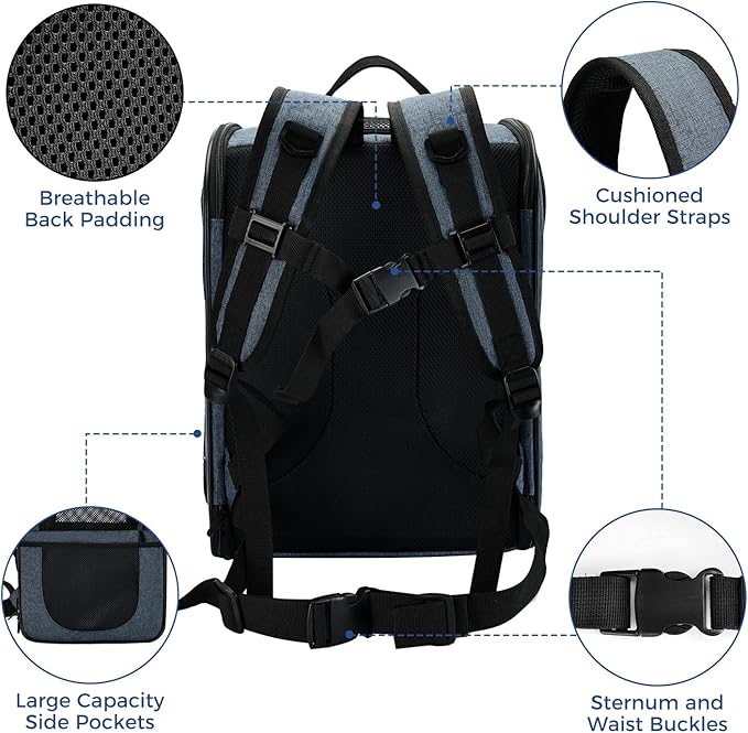 Apollo Walker Dog &amp; Cat Carrier Backpack for 4-15lb Pets - Ventilated Safe Design with Padded Back Support, Breathable Mesh Pet Backpack for Hiking, Travel, Outdoor (Navy)