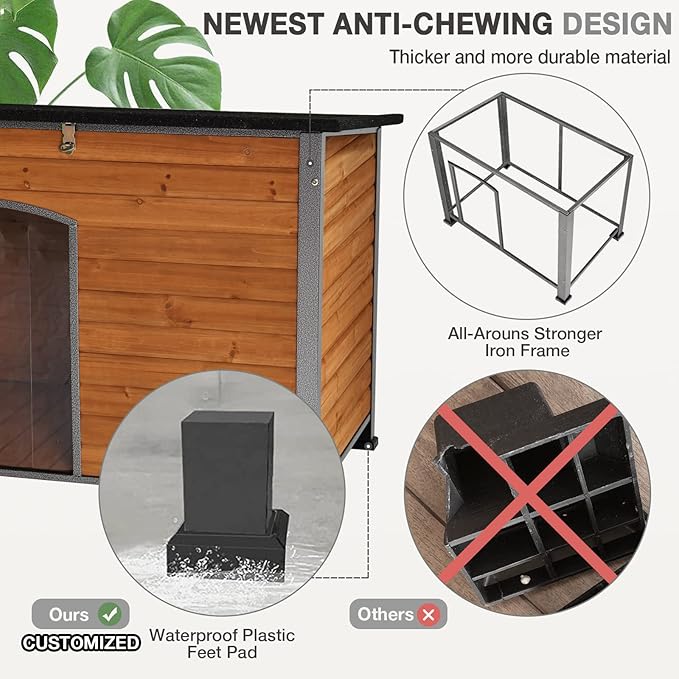 Wooden Dog House Outdoor with Iron Frame, Weatherproof Dog Kennel with Removable Floor, Anti Bite Puppy Shelter with Openable Roof (Brown, 33.5&