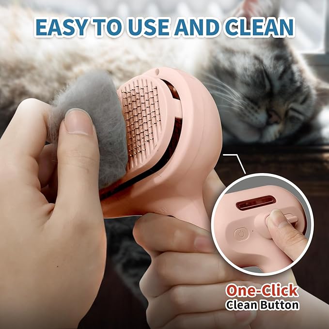 3-in-1 Self-Cleaning Steam Brush - Anti-Static, for Grooming Long &amp; Short Pet Hair, Reduces Shedding, Pink
