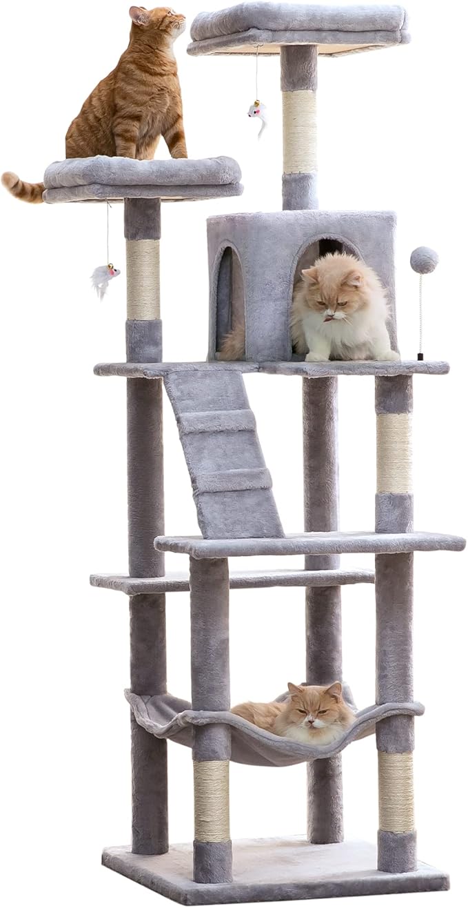 MWPO 70.1-Inch Large Cat Tree, Multi-Level Tall Cat Tower for Indoor Cats, Plush Cat Condo with Big Padded Perches, Sisal-Covered Scratching Posts, Hammock, Toys for Kittens &amp; Cats - Light Grey