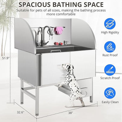 Professional Dog Grooming Tub, 38" Stainless Steel Dog Wash Station with Ramp, Storage Drawer, Floor Grate &amp; Faucet/Dog Bathtub for Large, Medium &amp; Small Pets, Right Door