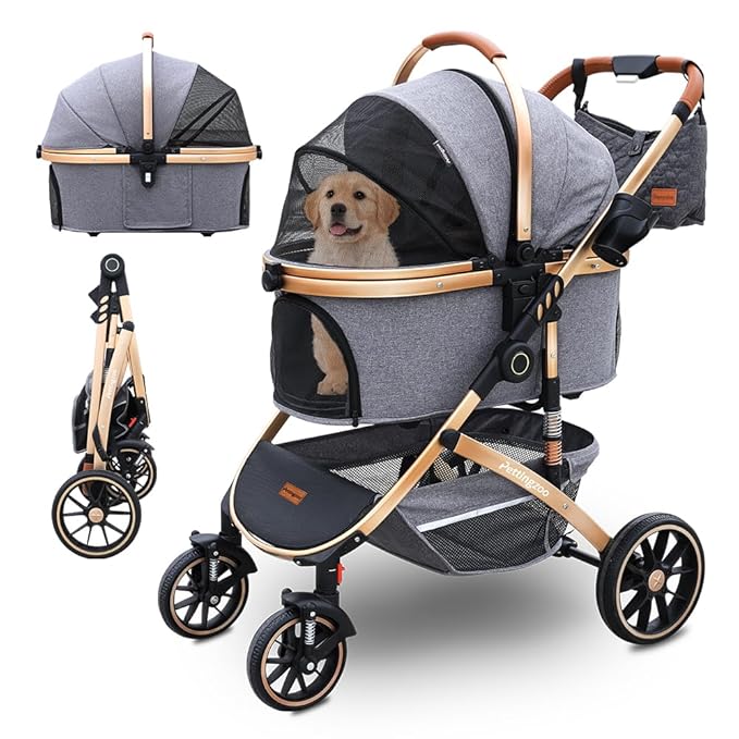 Pettingzoo Dog stroller with 4 Wheels, Folding Cat Stroller for Small/Medium/Large dogs &amp; cats to 60 lbs, pet stroller with removable carrier, Storage BasketCup Holder,3 in1 Multifunctional Detachable