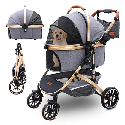Pettingzoo Dog stroller with 4 Wheels, Folding Cat Stroller for Small/Medium/Large dogs &amp; cats to 60 lbs, pet stroller with removable carrier, Storage BasketCup Holder,3 in1 Multifunctional Detachable
