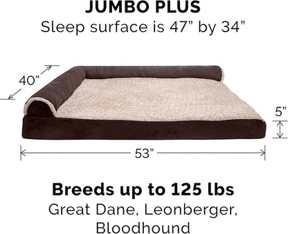Furhaven Cooling Gel Dog Bed for Large Dogs w/ Removable Bolsters &amp; Washable Cover, For Dogs Up to 125 lbs - Two-Tone Plush Faux Fur &amp; Suede L Shaped Chaise - Espresso, Jumbo Plus/XXL
