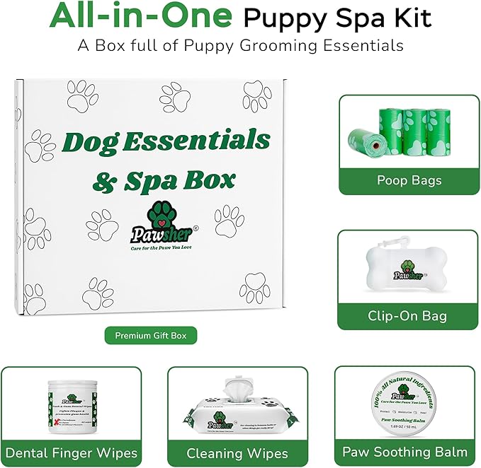 Puppy Essentials Kit Contains Dog Wipes for Paws and Butt, Nourishing Paw Balm, Teeth Cleaning Wipes &amp; Poop Bags Set | Dog Camping Essentials and Travel Accessories