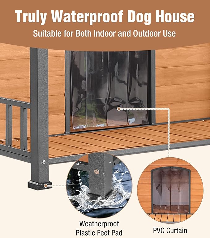 Gutinneen Large Dog House Outdoor with Strength Metal Frame, Outside Dog House with Waterproof Roof, PVC Curtain, Fir Wood Patio, Design for Small &amp; Medium &amp; Large Dogs