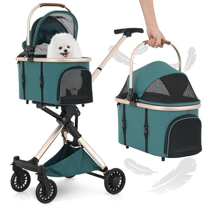 MoNiBloom 3 in 1 Pet Stroller with Adjustable Handle, Jogging Stroller w/Detachable Carrier &amp; Lightweight Aluminum Frame for Dogs Cats, Hunter Green