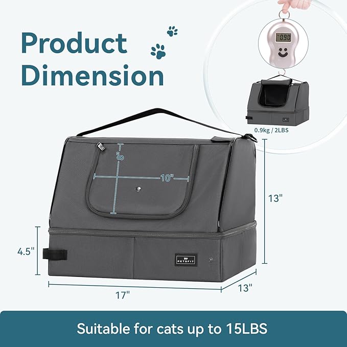 PETSFIT Portable Cat Litter Box - Removable 2-Layer Leak-Proof Lining, Scratch-Resistant Fabric with Sturdy Support Frame, Travel &amp; Collapsible Cat Litter Box Grey