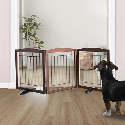 ZJSF Freestanding Dog Fence Indoor, Foldable Dog Gate for Doorways, Stairs or Hallways, Sturdy Wood Extra Wide Pet Gate with Support Feet for The House, Brown, 24 "Height-3 Panels