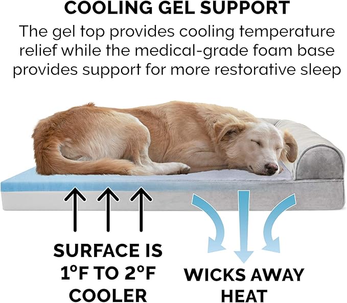Furhaven Cooling Gel Dog Bed for Large/Medium Dogs w/ Removable Bolsters &amp; Washable Cover, For Dogs Up to 55 lbs - Faux Fur &amp; Velvet Sofa - Smoke Gray, Large