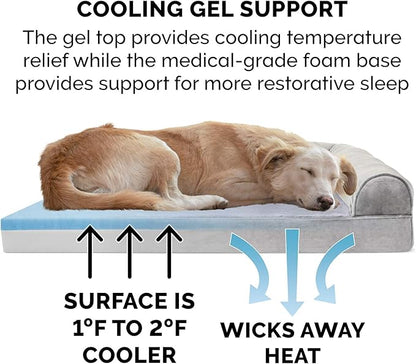 Furhaven Cooling Gel Dog Bed for Large/Medium Dogs w/ Removable Bolsters &amp; Washable Cover, For Dogs Up to 55 lbs - Faux Fur &amp; Velvet Sofa - Smoke Gray, Large