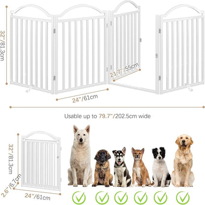 BHG Metal No-Assembly Freestanding Dog Gate with Door Walk Through, Extra Wide 96", Extra Tall 32" Pet Gate, Accordion Puppy Folding Playpen Dog Fence for Indoor &amp; Outdoor, with 2PCS Support - White