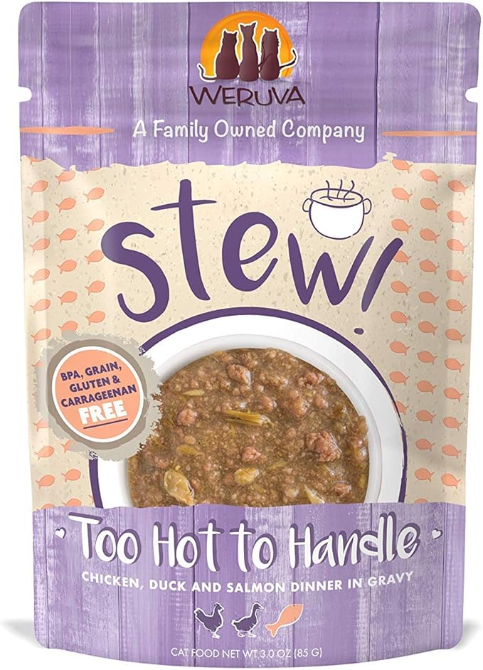Weruva Classic Cat Stews!, Too Hot to Handle with Chicken, Duck &amp; Salmon in Gravy, 3oz Pouch (Pack of 12)