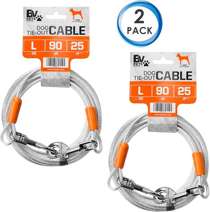 BV Dog Tie Out Cable 25 Feet - Heavy Duty Dog Lead Up to 90 Pounds - Reflective &amp; Rust-Free with Quick Release Swivel Clips &amp; 360° Rotating Clasp - Tangle-Free Dogs Runner for Yard (Silver, Pair)