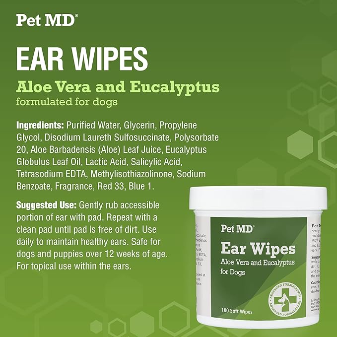 Pet MD Dog Ear Cleaning Wipes with Aloe and Eucalyptus + Veterinary Tris Flush Cat &amp; Dog Ear Cleaner