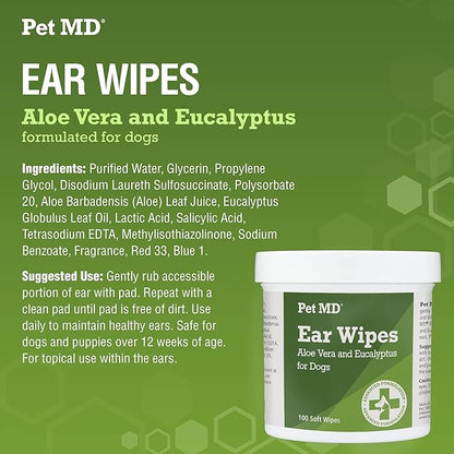 Pet MD Dog Ear Cleaning Wipes with Aloe and Eucalyptus + Veterinary Tris Flush Cat &amp; Dog Ear Cleaner