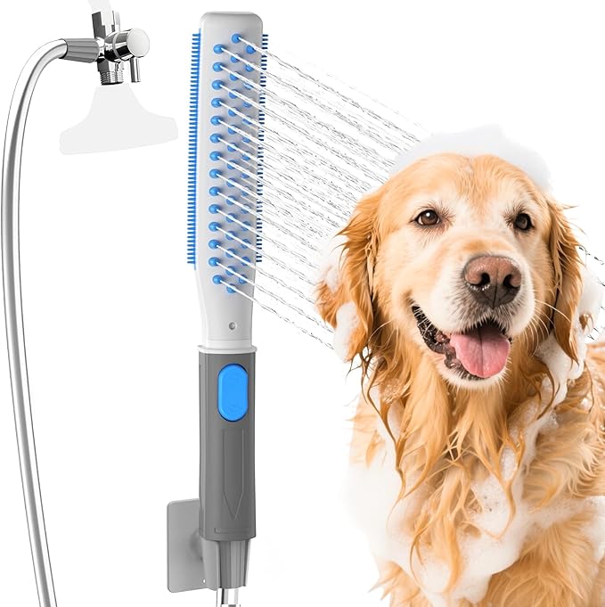 Dog Shower Attachment, Dog Washing Hose Attachment with Metal T-Diverter, Dog Bathing Supplies with 3 Spray Modes &amp; One-Button ON/OFF Indoor and Outdoor Sprayer 8-Foot Hose