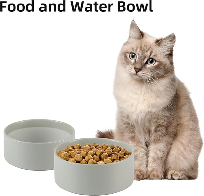 Ceramic 5.1inch Set of 2 Dog and Cat Bowls, Food and Water Feeder for Small Breed Dogs, Kitty, Cats, 2pcs Dog &amp; Cat Dishes(2 Bowls, Grey)