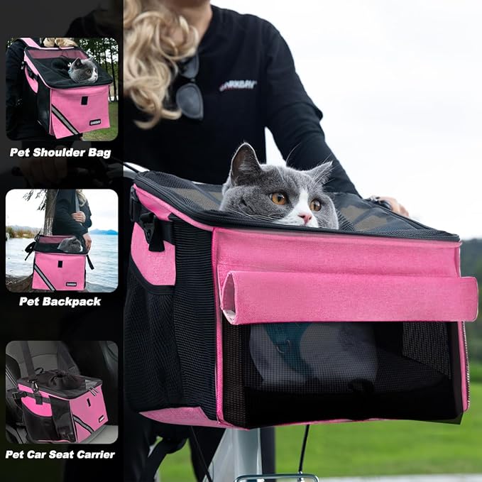 Pet Carrier Bicycle Basket Bag Pet Carrier/Booster Backpack for Dogs and Cats with Big Side Pockets,Comfy &amp; Padded Shoulder Strap,Travel with Your Pet Safety（Pink Carnation）