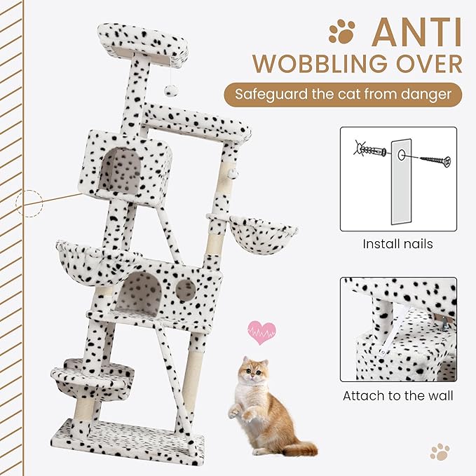 SHA CERLIN 65in Larger Cat Tree Tower Condo for Indoor Kitties/Multi-Level Furniture Activity Center with Wide Base/Cozy Plush Perches/Baskets/Sisal Scratching Posts and Hammock/White &amp; Black Spot