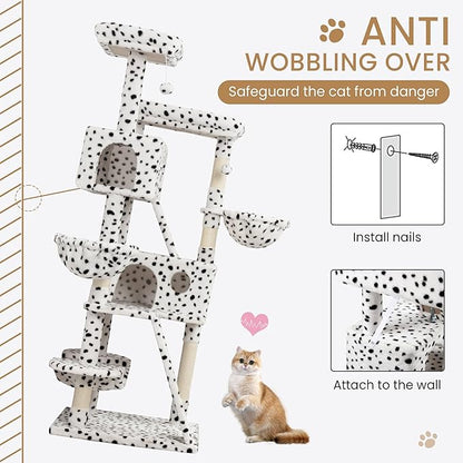 SHA CERLIN 65in Larger Cat Tree Tower Condo for Indoor Kitties/Multi-Level Furniture Activity Center with Wide Base/Cozy Plush Perches/Baskets/Sisal Scratching Posts and Hammock/White &amp; Black Spot