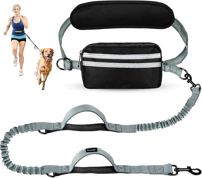 Hands Free Dog Leash with Pouch, Adjustable Waist Belt with Double Padded Handles, Waist Leash for Dog Walking, Dog Leash with Bungee for Medium &amp; Large Dog, Dog Walking Accessories, Olive