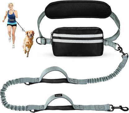 Hands Free Dog Leash with Pouch, Adjustable Waist Belt with Double Padded Handles, Waist Leash for Dog Walking, Dog Leash with Bungee for Medium &amp; Large Dog, Dog Walking Accessories, Olive