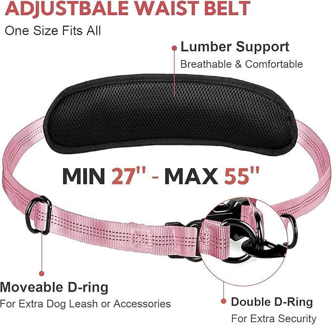 Hands Free Dog Leash, Adjustable Waist Belt with Double Padded Handles, Retractable Bungee for Medium &amp; Large Dogs, Waist Leash for Dog Walking, Running, No Pull, Pink