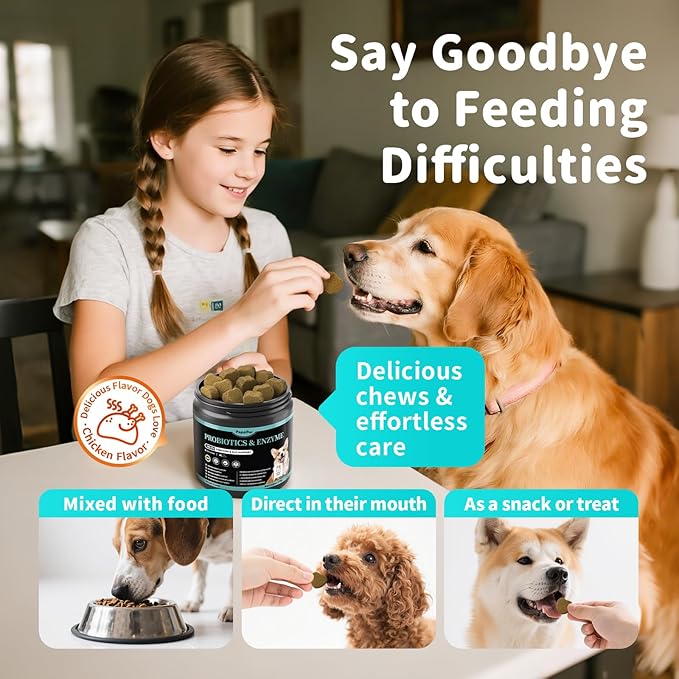Probiotics for Dogs, Digestive Enzymes for Gut Health Support, Dog Fiber Supplement with Pumpkin for Diarrhea &amp; Bowel Support, Upset Stomach &amp; Gas Relief, Constipation - 60 Count Chicken Flavor