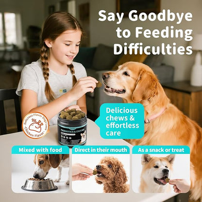 Probiotics for Dogs, Digestive Enzymes for Gut Health Support, Dog Fiber Supplement with Pumpkin for Diarrhea &amp; Bowel Support, Upset Stomach &amp; Gas Relief, Constipation - 90 Count Chicken Flavor