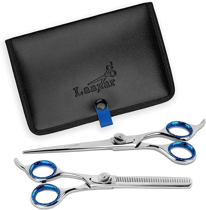 Laazar Pet Grooming Set - 7" Straight Pet Grooming Scissors &amp; 6.5" Pet Thinning Shears with 42 Teeth | Professional Dog Scissors Kit | Use as Cat and Dog Shears