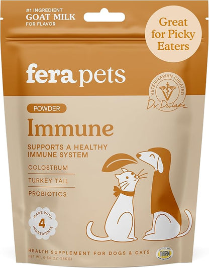 Fera Pets Immune Goat Milk for Dogs &amp; Cats with Colostrum, Organic Turkey Tail Mushroom, &amp; Probiotics - Improves Immune Response - for Picky Eaters - Powder - 60 TSP