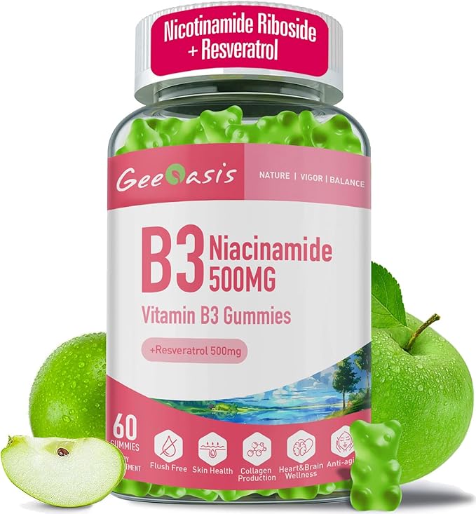 Niacinamide 500mg Gummies, Chewable Vitamin B3 Supplement with Resveratrol 500mg, High Potency Niacin for Antioxidant, Skin &amp; Brain Health, Immune Support, Vegan Apple Flavor, 60 Count