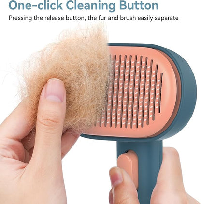 Aumuca Dog Brush for Shedding, Self Cleaning Cat Grooming Brush with Release Button, Cat Hair Brush to Remove Loose Fur, Tangles &amp; Dirt, Great for Long and Short Haired Cats, Green