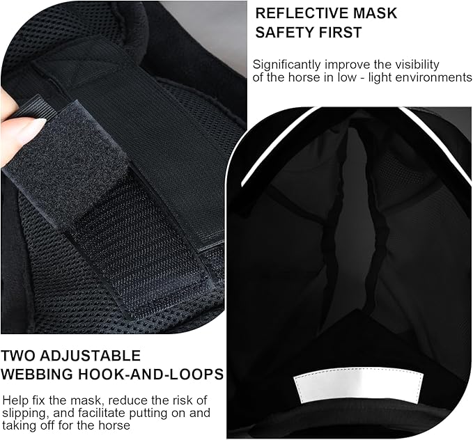 Luminous Horse Fly Mask with Long Nose, Ears, Full Face &amp; Eye Protection - Full Mesh, Detachable Nose Cover, Fleece Padded Edging, Hook-and-Loop Straps with Webbing, Hanging Straps Black
