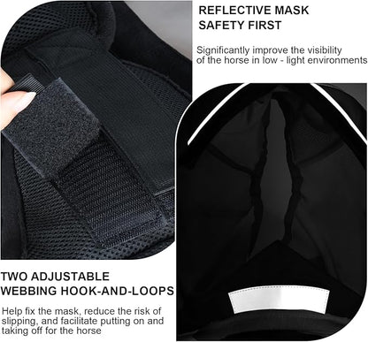Luminous Horse Fly Mask with Long Nose, Ears, Full Face &amp; Eye Protection - Full Mesh, Detachable Nose Cover, Fleece Padded Edging, Hook-and-Loop Straps with Webbing, Hanging Straps Black